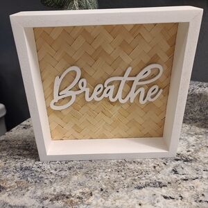 "Breathe" Framed Wall Decor - White Script on Woven Bamboo Backing